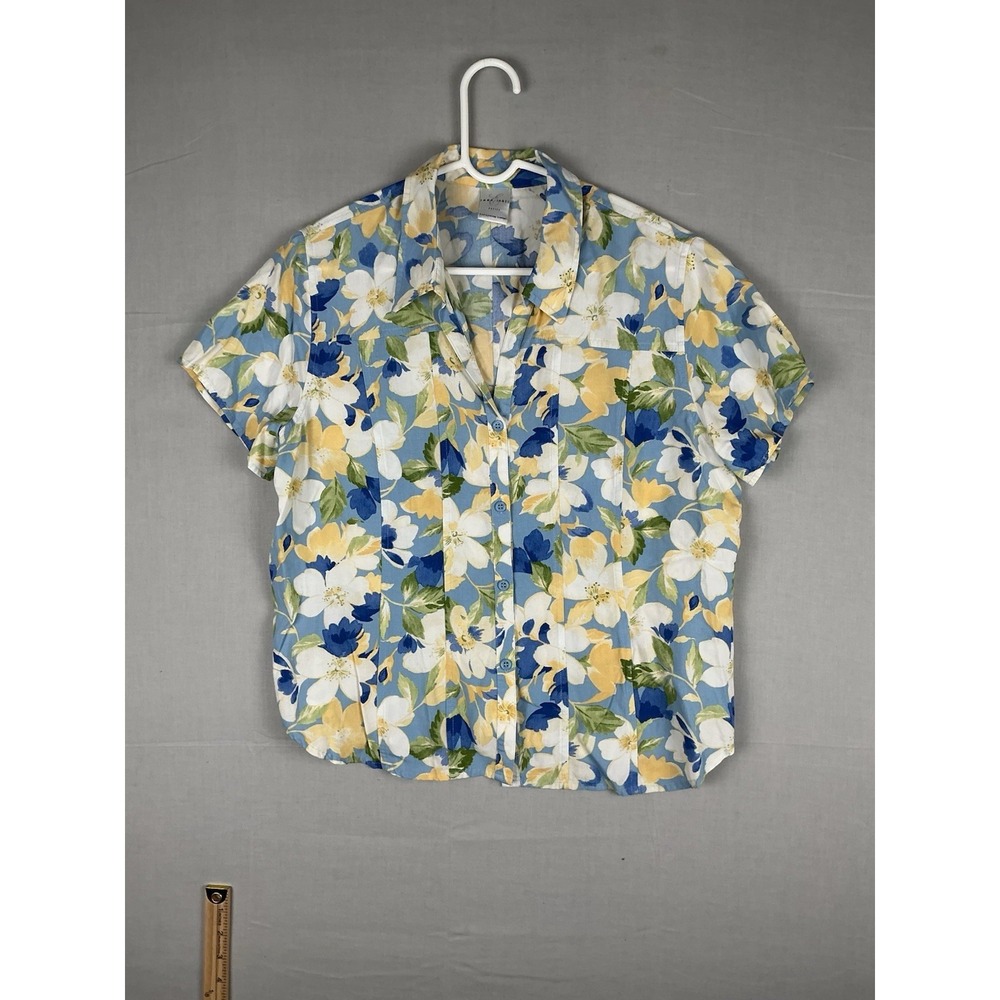 Emma James Petite‎ Floral Button Up Blouse Women Large Blue Yellow Short Sleeve